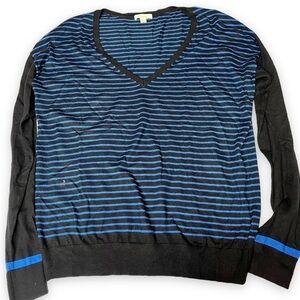 Caslon Striped Shirt Size Medium Blue Black Long Sleeve Vneck.